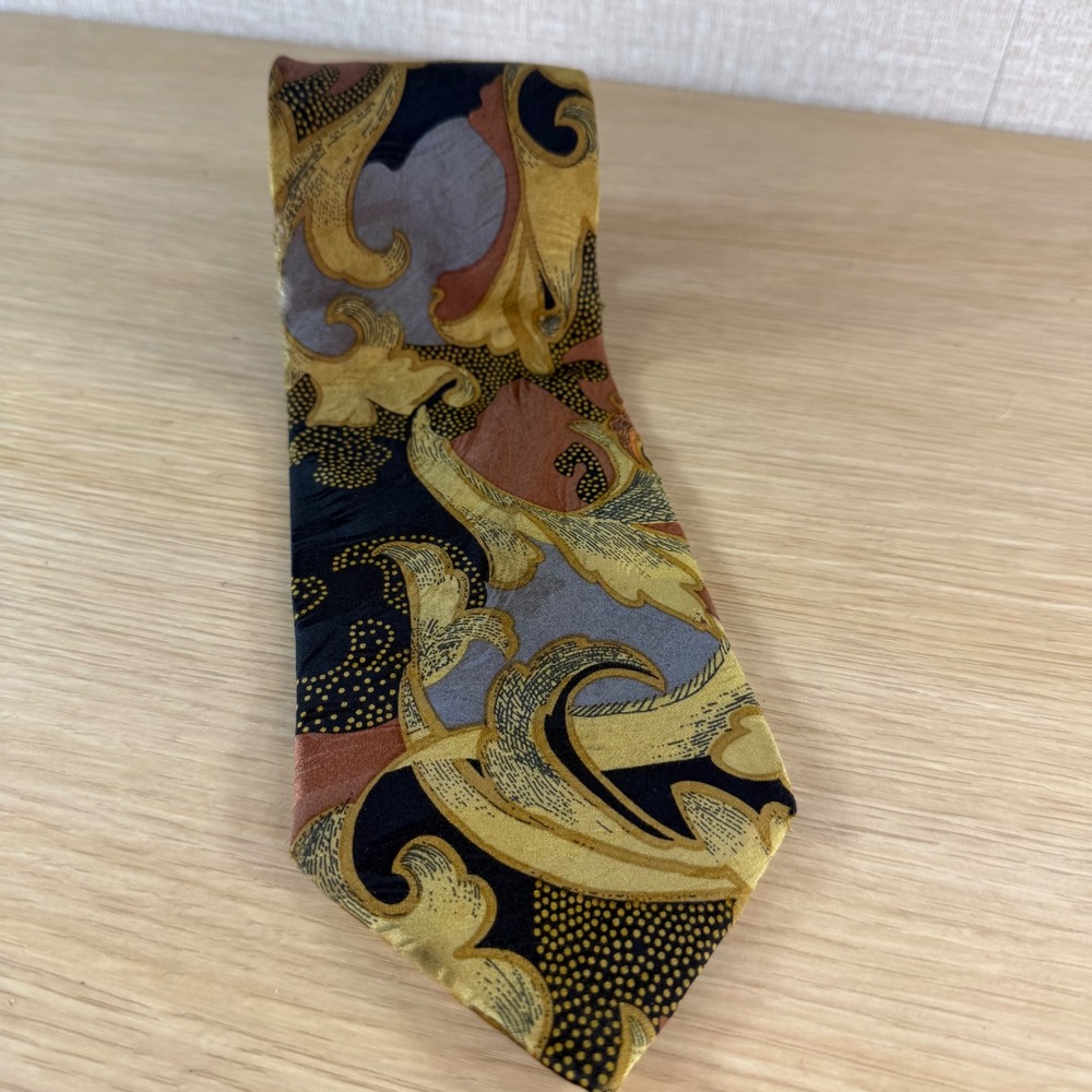 Carlo Battini Roma Mens Silk Tie Baroque Scroll Gold Black Copper Handmade Italy